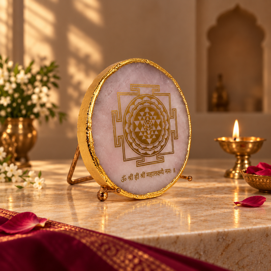Natural rose quartz Shree Lakshmi Yantra displayed on its golden stand