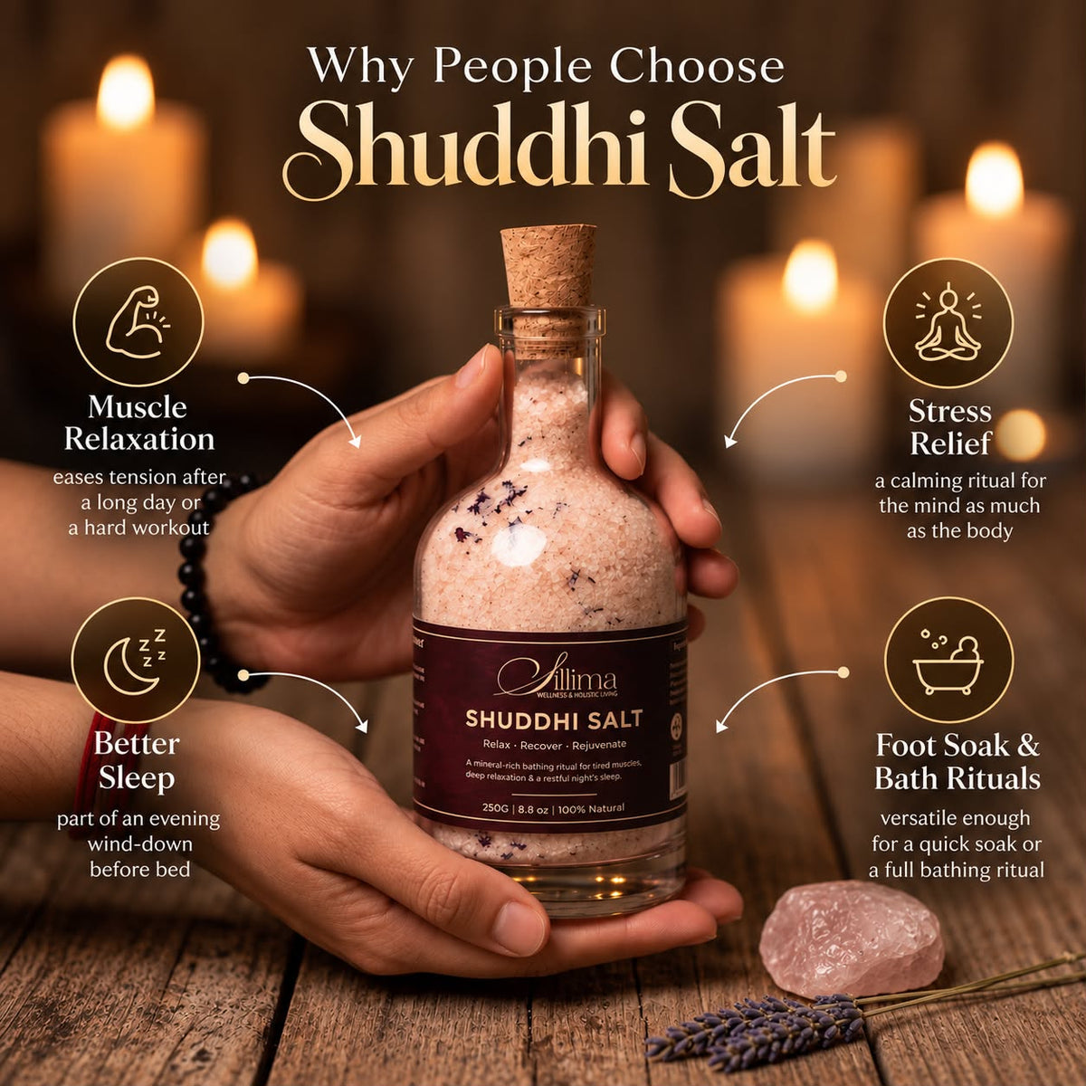 Sillima Shuddhi Salt 250 g bottle and bath ritual artwork