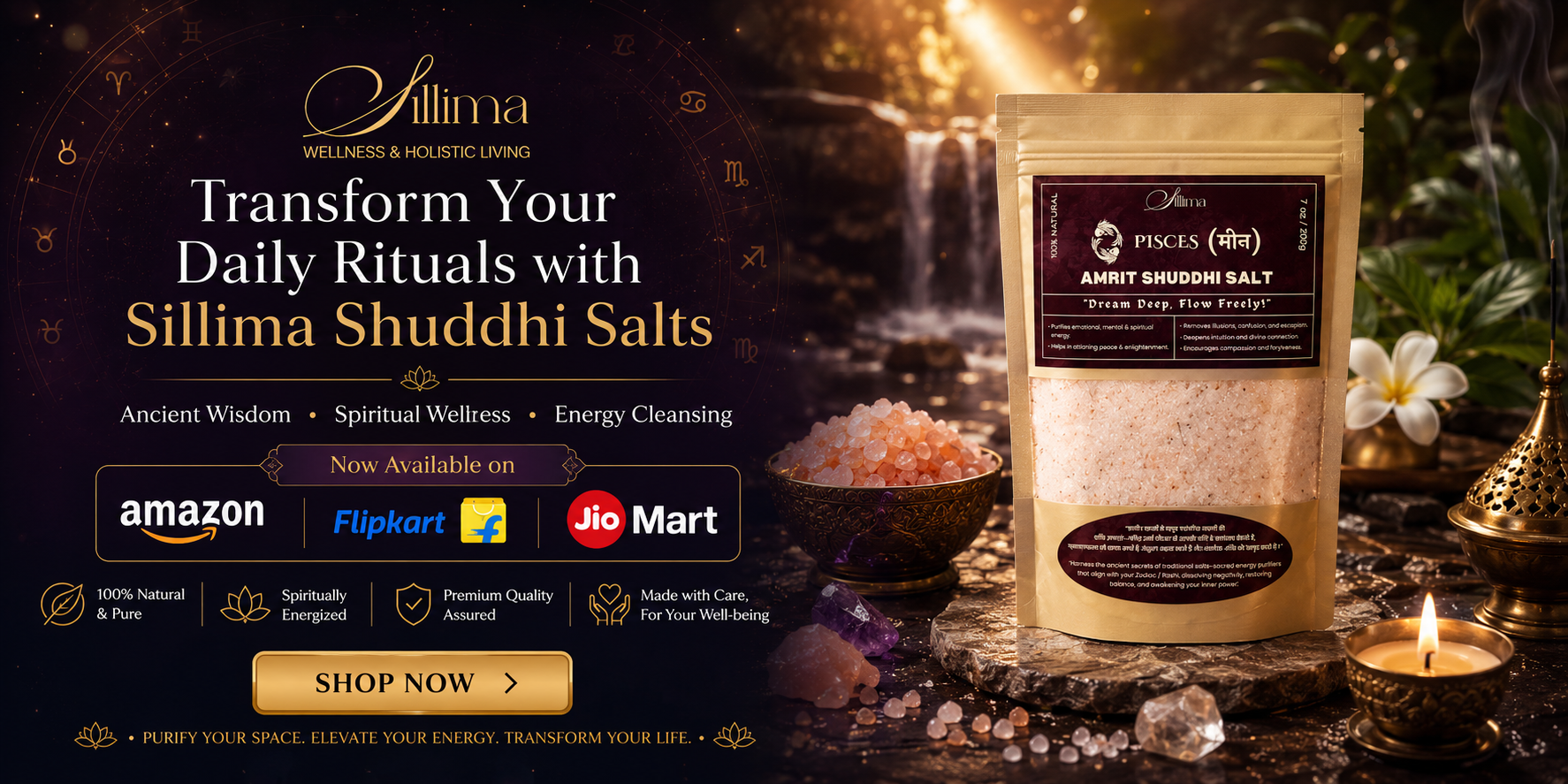 Sillima Shudhi Salts packaging with promotional text and product on a mystical background.