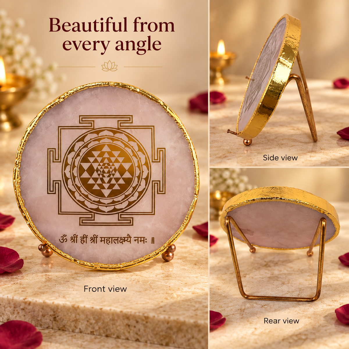 Rose quartz Shree Lakshmi Yantra front, side and rear views