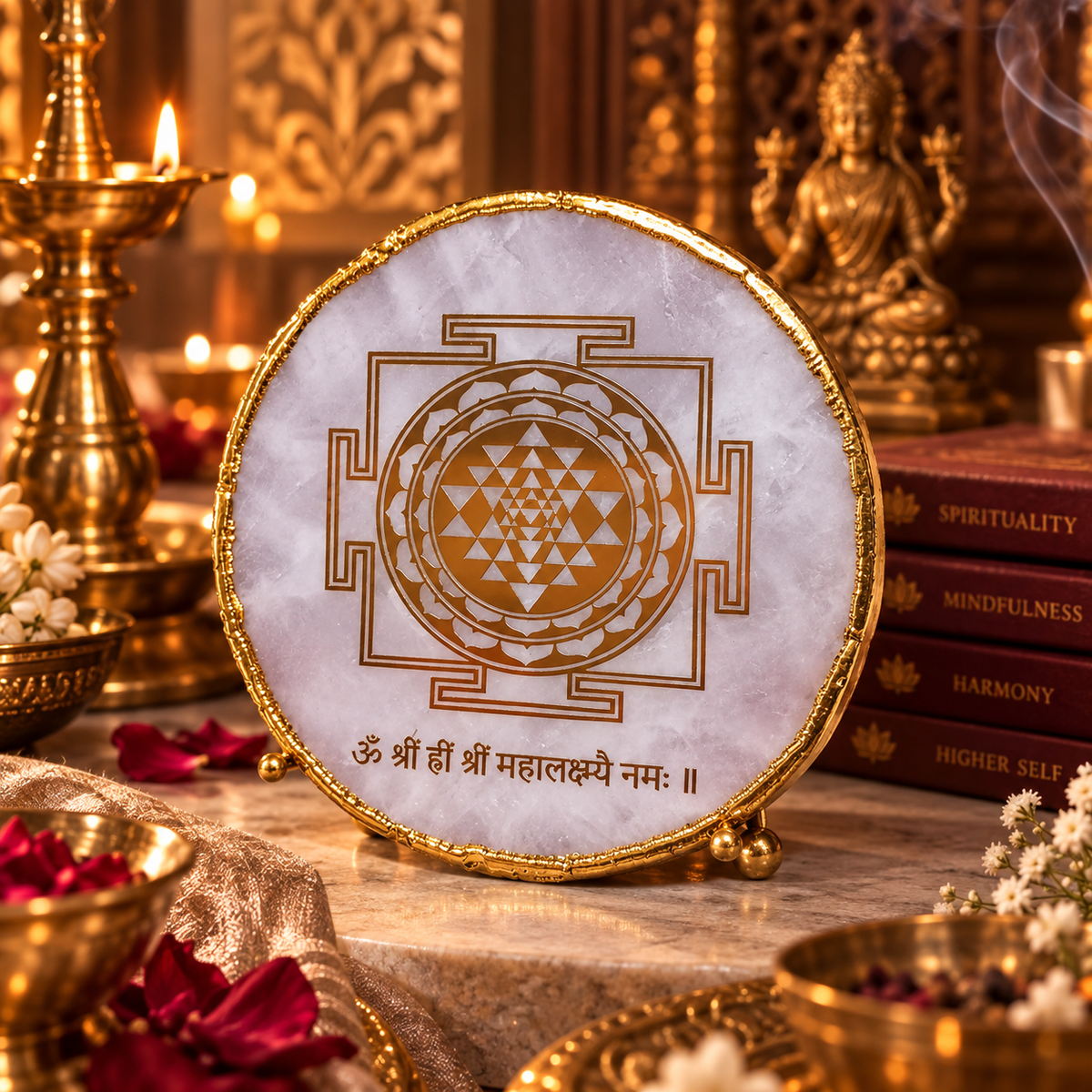 Shree Lakshmi Yantra on natural rose quartz with golden detailing and stand