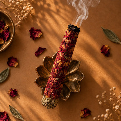 Rose and Sage bundle resting on a ritual holder; accessories shown for styling