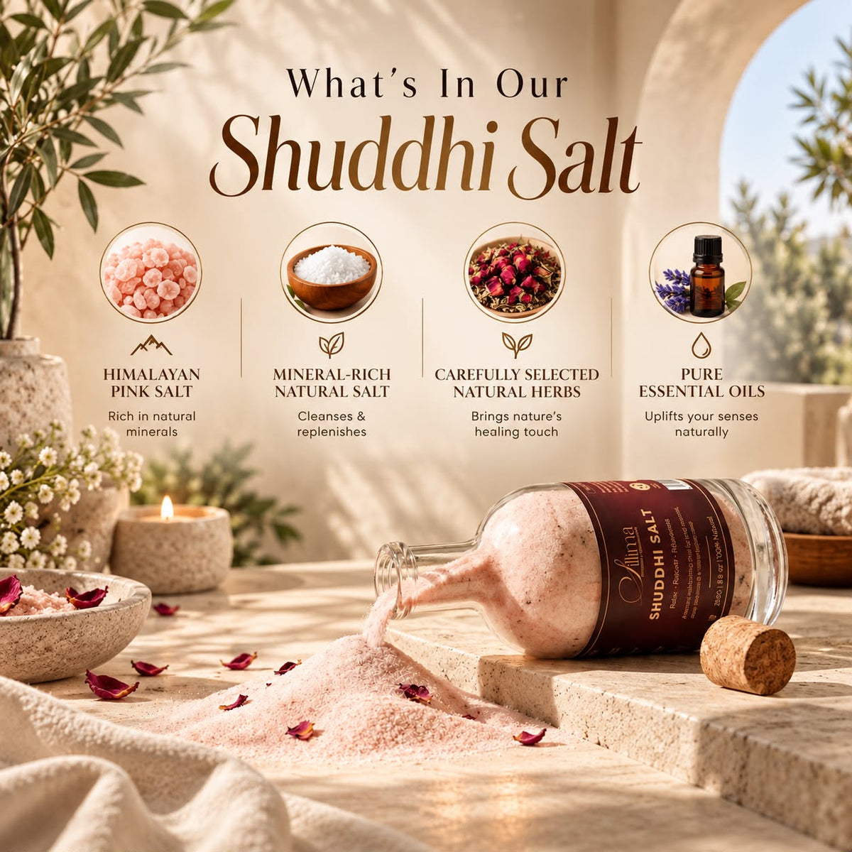 Sillima Shuddhi Salt bottle with Himalayan pink salt, natural salt, herbs and essential oils